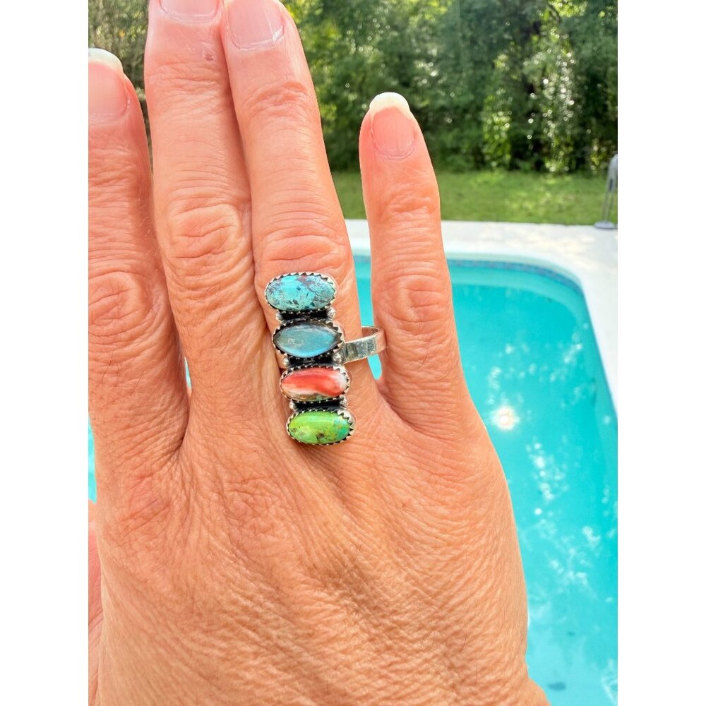 Artisan 4 Gemstones: Turquoise Labradorite Green Apple Spiny Oyster SS Ring 10